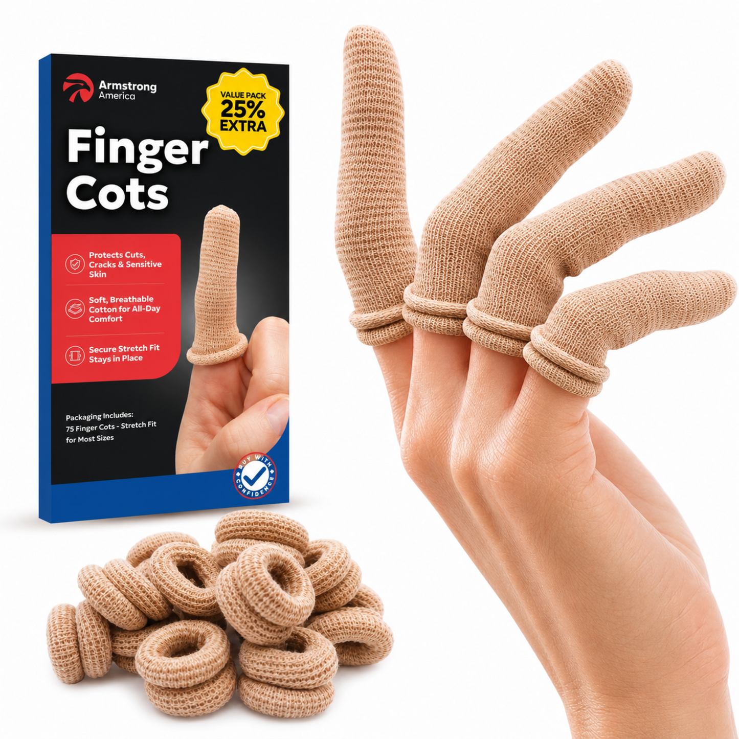 75 Pack Cotton Finger Cots - Finger Protectors for Wound Care
