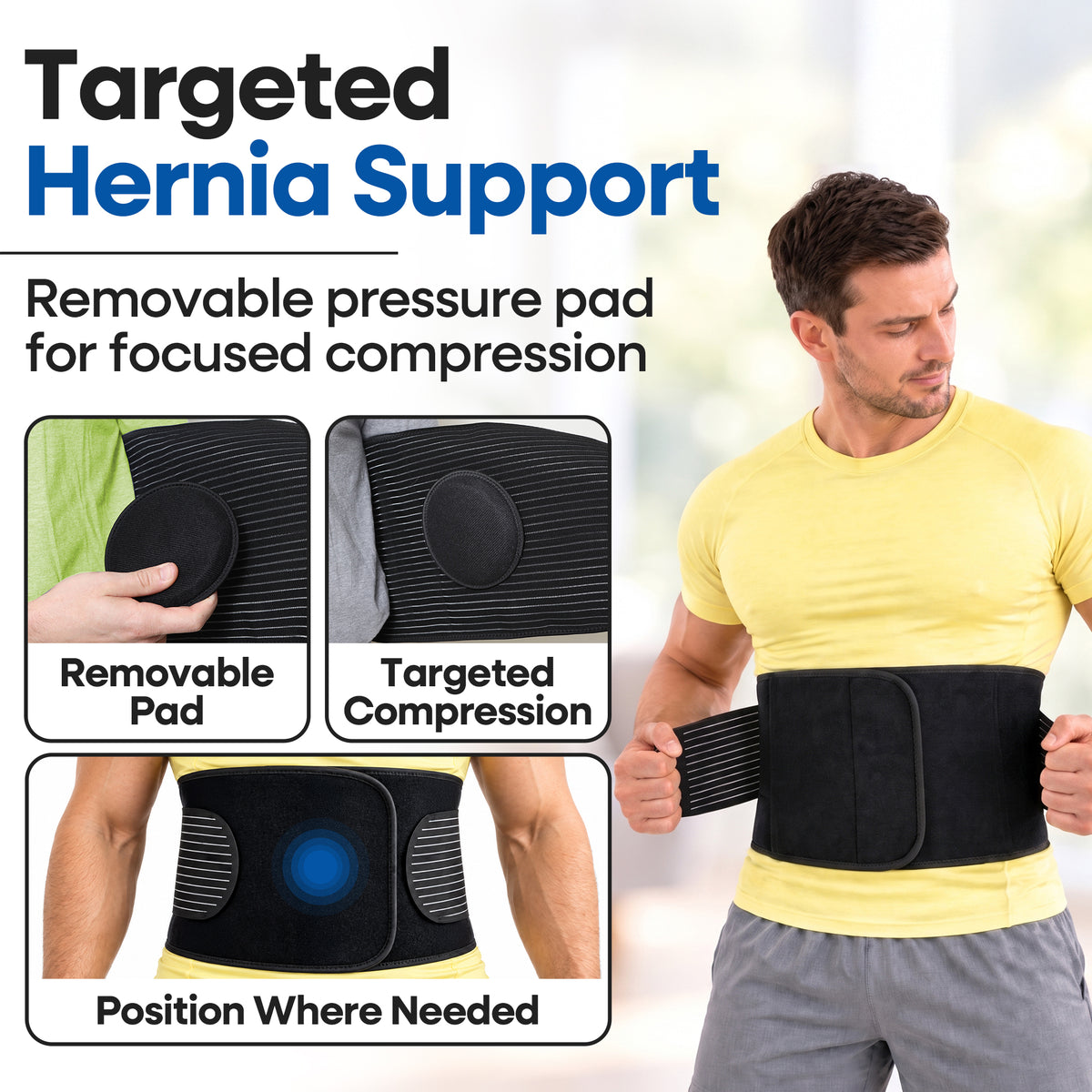 Ceinture herniaire unisexe avec sangles de soutien et pelote de compression