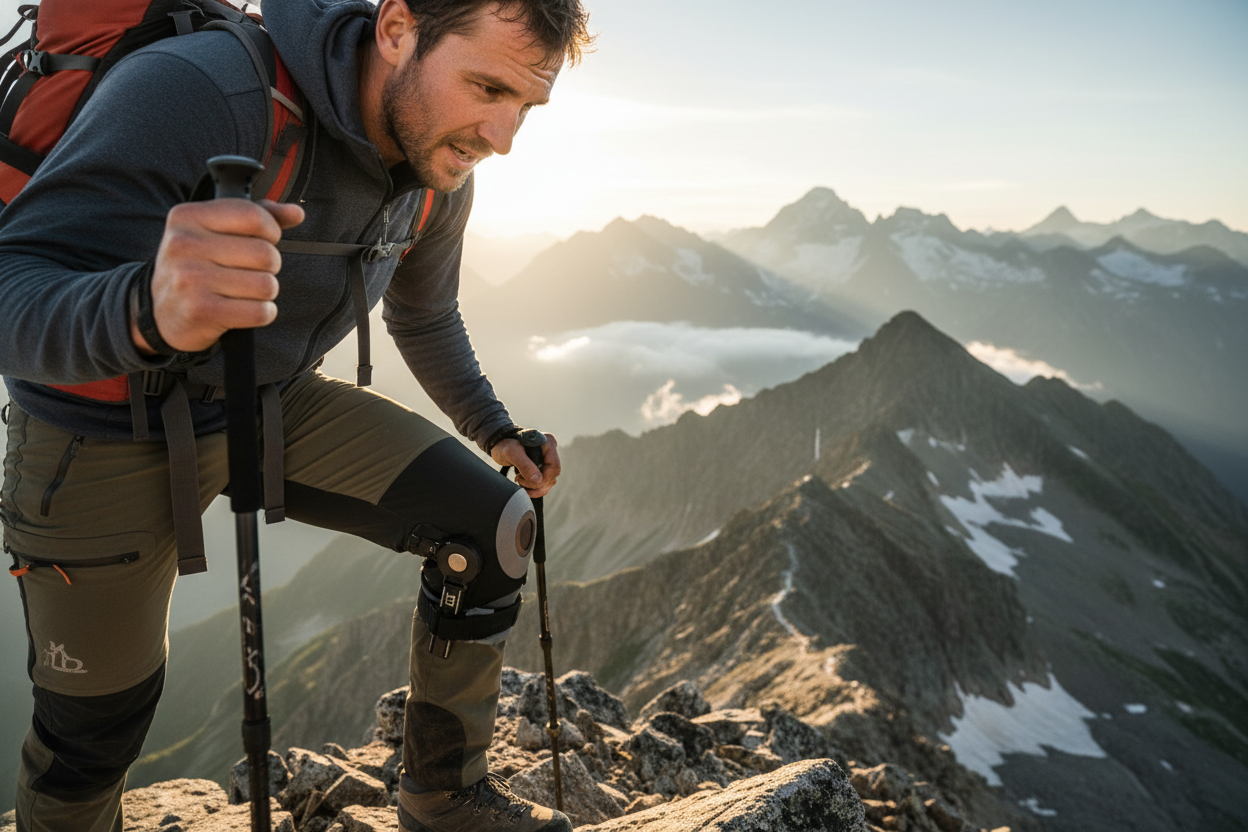 Close up shot of a person conquering the mountain, the person visibly wears a knee brace, make the picture crispy and good lighting