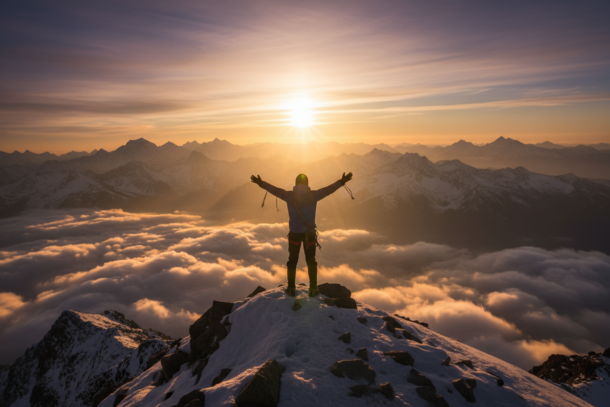 person conquering the mountain